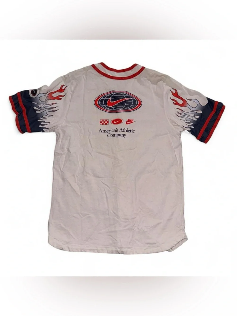 Nike White Red & Navy Flame-Detail Button-Up Jersey